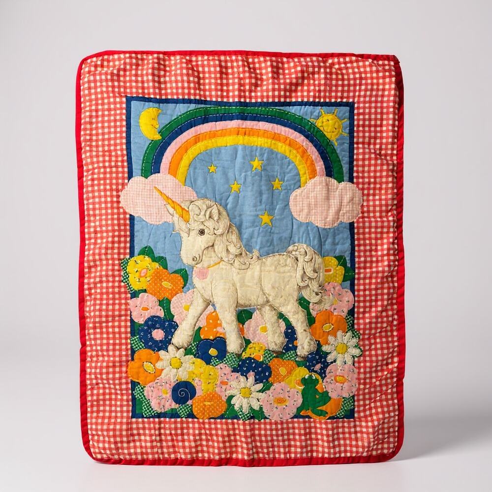 Vtg Mystical Rainbow, Unicorn, Meadow, Friends Quilted Baby Blanket 43x31 1/2"